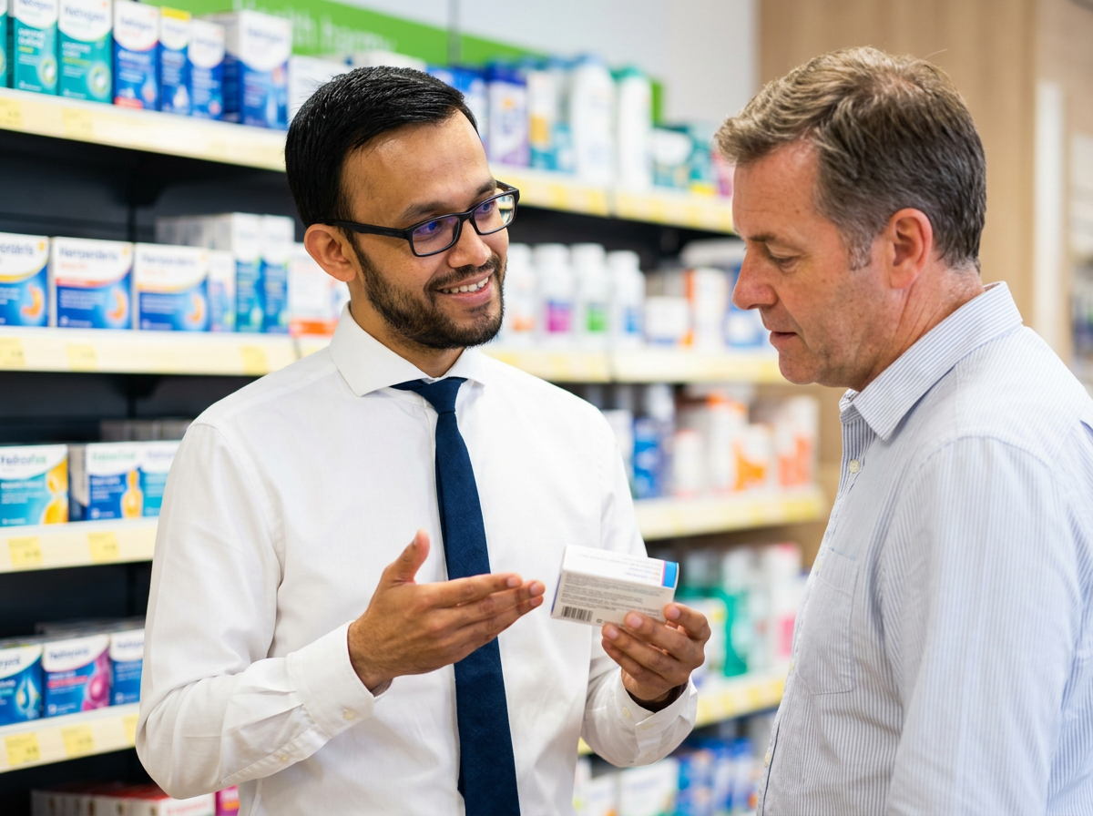 Brijesh, superintendent pharmacist, advising a patient at Ringmer Pharmacy